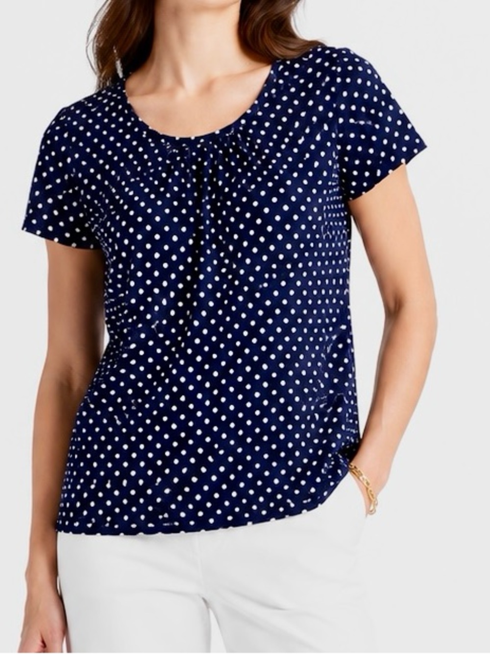 CHAPS Navy Blue & White Polka Dot Short Sleeve Blouse Top - LHP